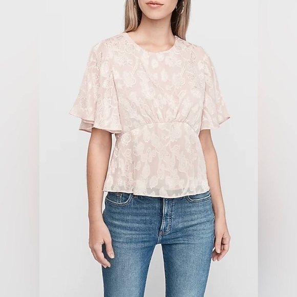 Express Tops - EXPRESS Dusty Light Pink Jacquard Floral Flutter Sleeve Top Blouse Small NWT